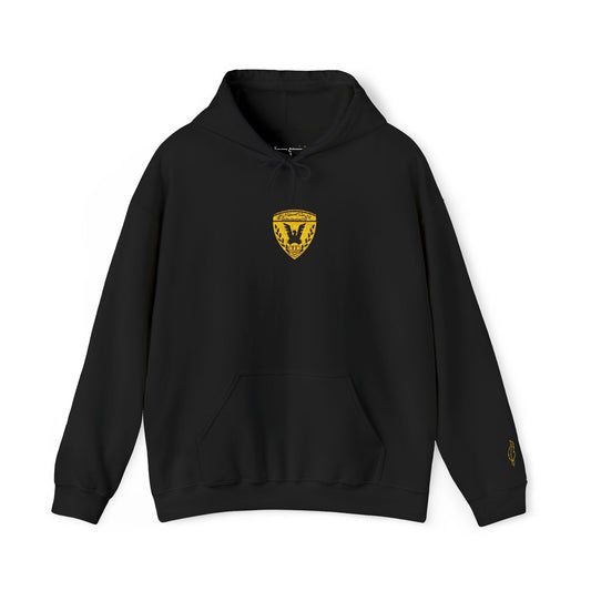Gold Heart Crest Hoodie — Small Sparkling Heart Emblem Pullover