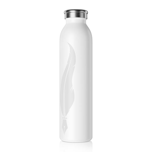 White Slim Water Bottle — Minimal Feather Design, Stainless Steel Insulated Bottle