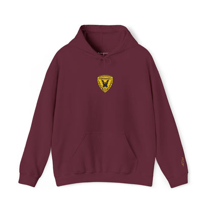 Gold Heart Crest Hoodie — Small Sparkling Heart Emblem Pullover