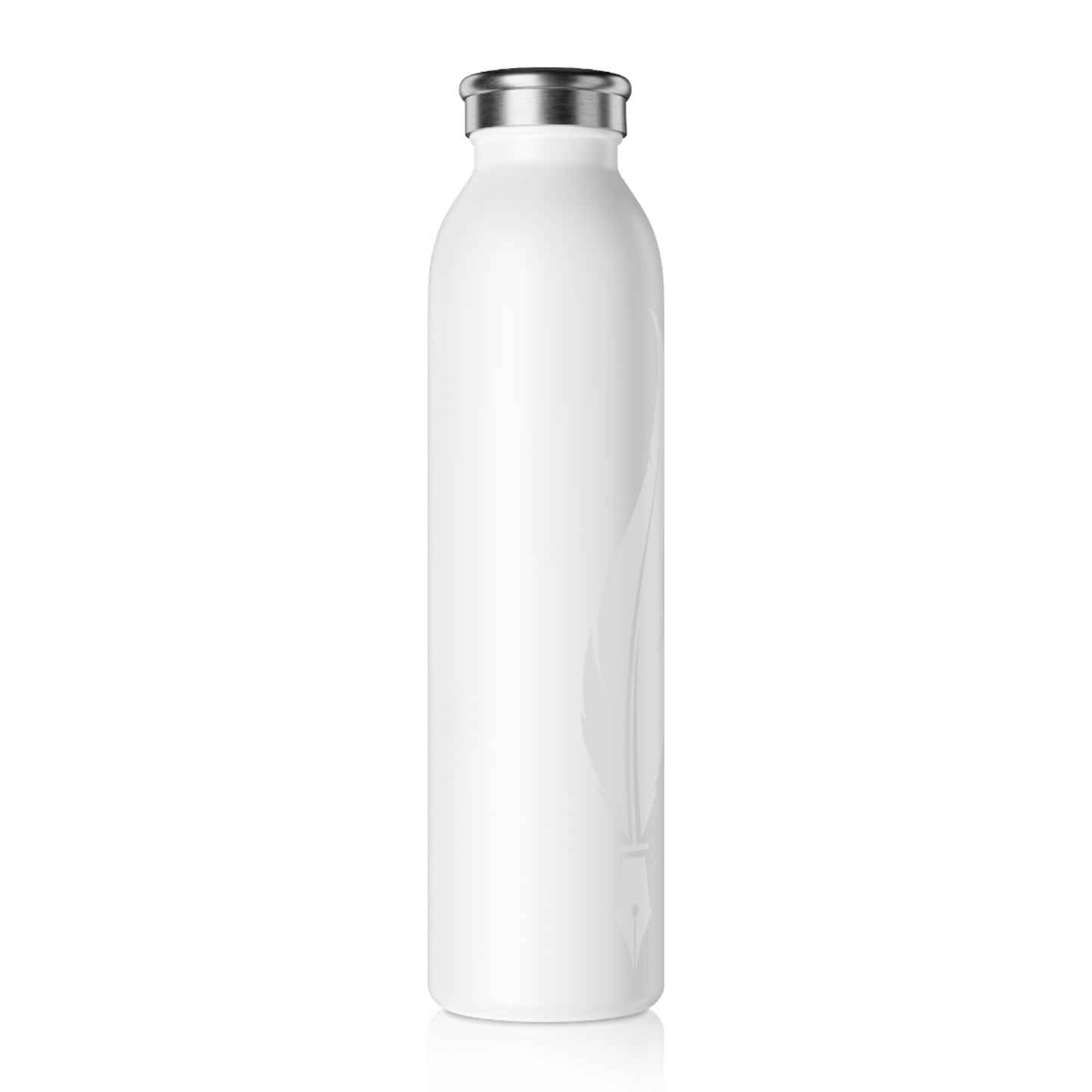 White Slim Water Bottle — Minimal Feather Design, Stainless Steel Insulated Bottle