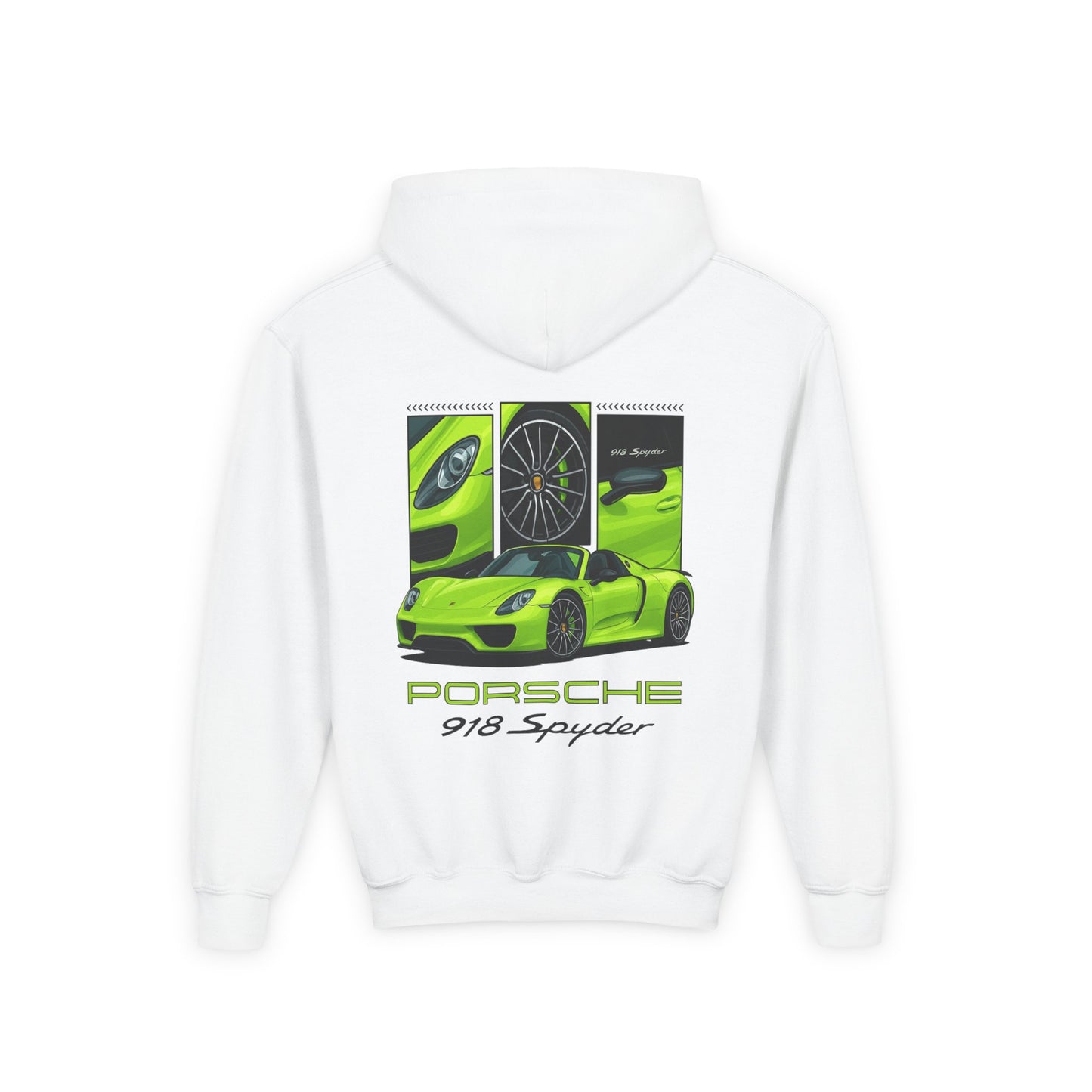 Porsche 918 Spyder Youth Hoodie — Green Sports Car Graphic Sweatshirt