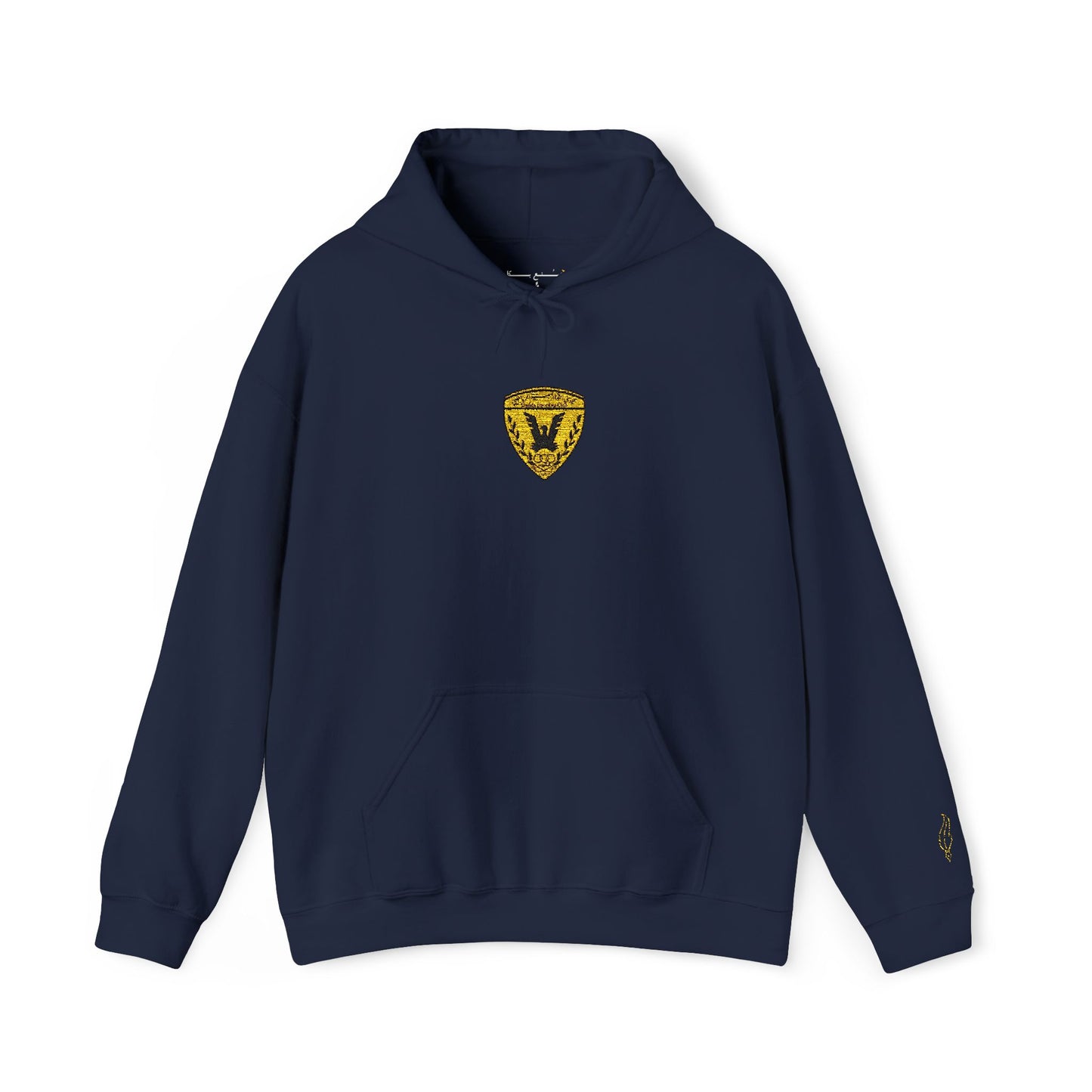 Gold Heart Crest Hoodie — Small Sparkling Heart Emblem Pullover