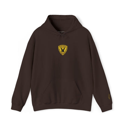 Gold Heart Crest Hoodie — Small Sparkling Heart Emblem Pullover