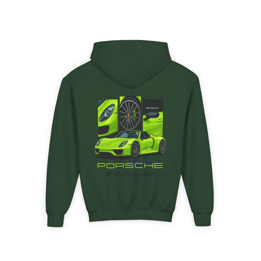 Porsche 918 Spyder Youth Hoodie — Green Sports Car Graphic Sweatshirt